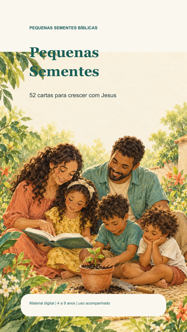 Capa real de Pequenas Sementes: uma família lendo e cuidando de uma planta, em ilustração aquarelada.